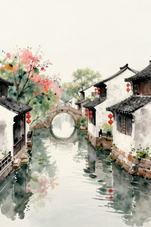 水彩江南水乡：静谧花海中的诗意小镇