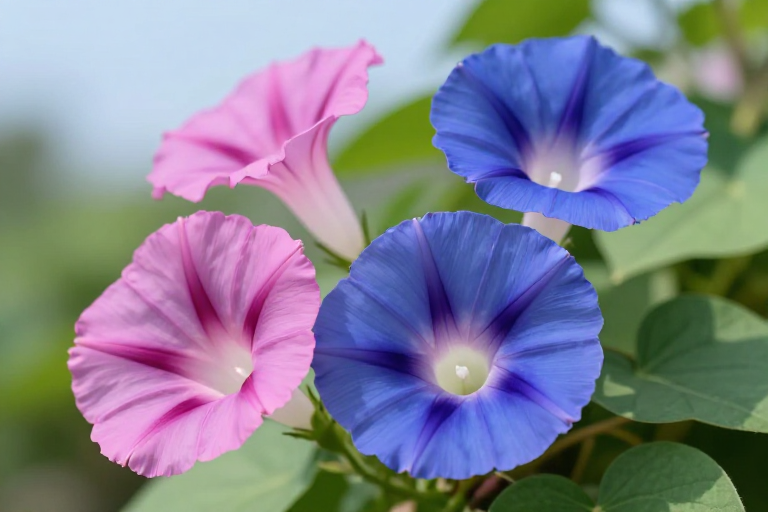 梦幻牵牛花绽放：自然光影下的清新园艺特写