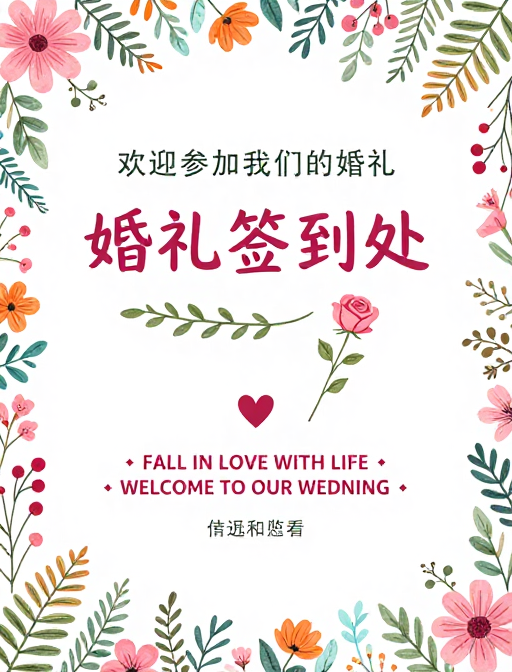 森系婚礼签到处手绘插画海报