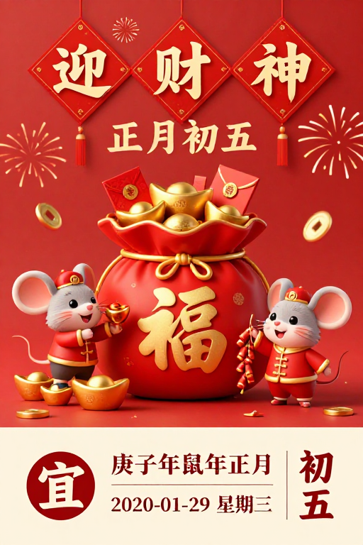 中国风新年迎财神海报:卡通鼠与福袋的喜庆祝福