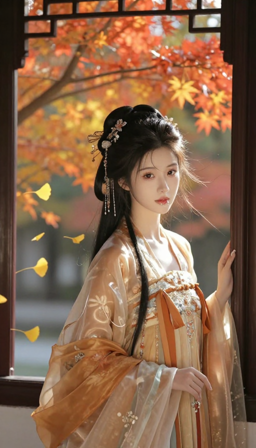 古风秋窗景致：岁月诗意中的高颜值汉服少女