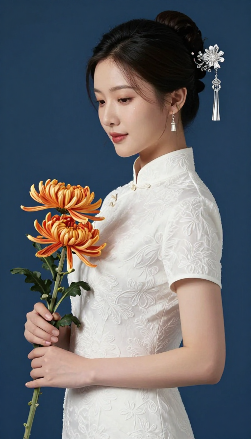 东方韵味：旗袍女子持菊侧影