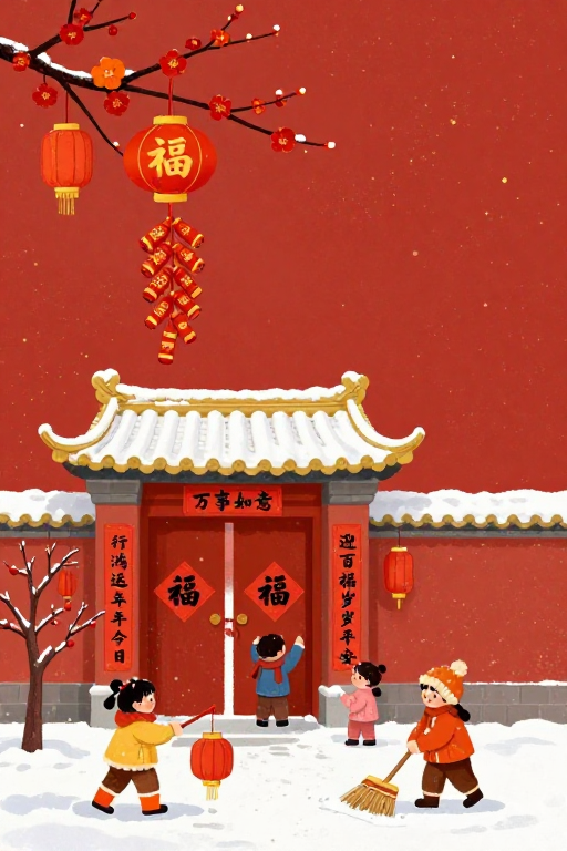 中国风新年插画：红梅福字与喜庆童趣