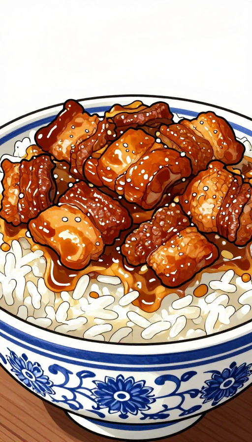 手绘油润红烧肉配粒分明白米饭特写