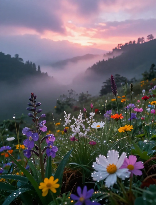 霞光晨雾仙境谷：梦幻奇花异草实拍