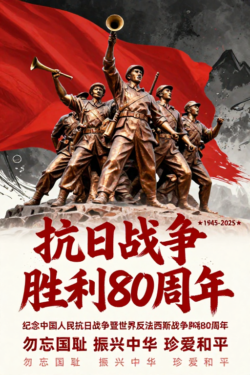 青铜群雕与红旗：抗战胜80周年纪念海报
