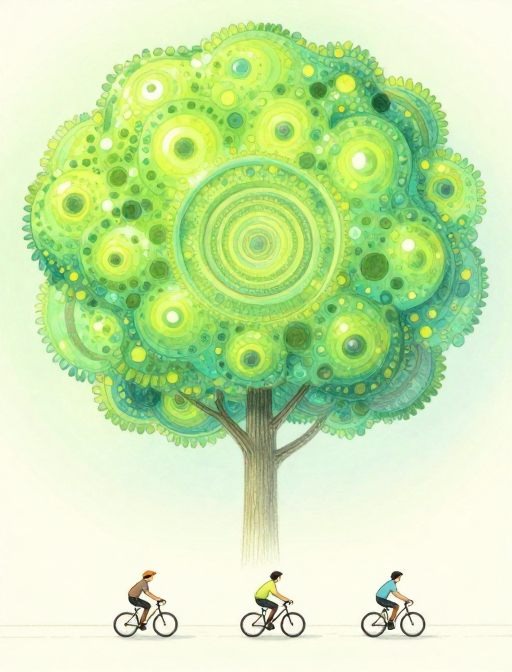 霓虹梦境中的治愈秘境:超现实绿林骑行插画