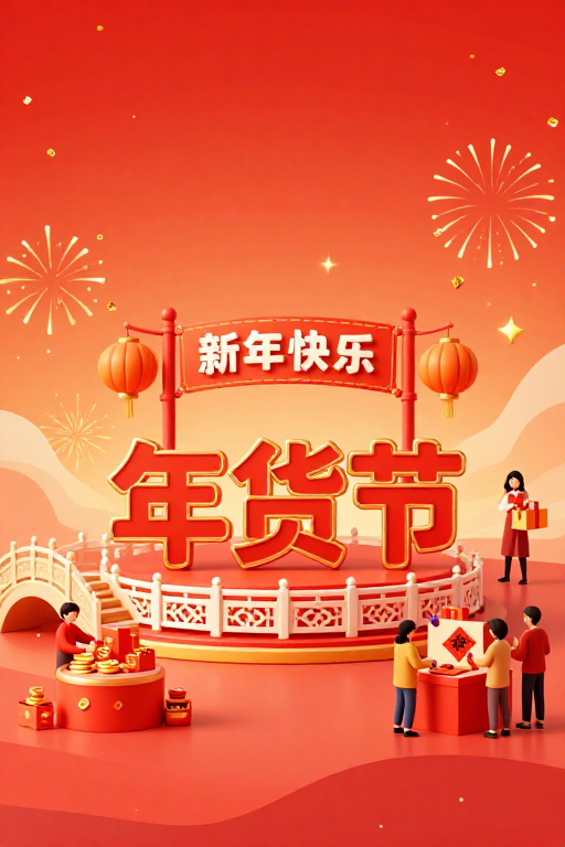 喜庆年货节：橙红立体插画背景