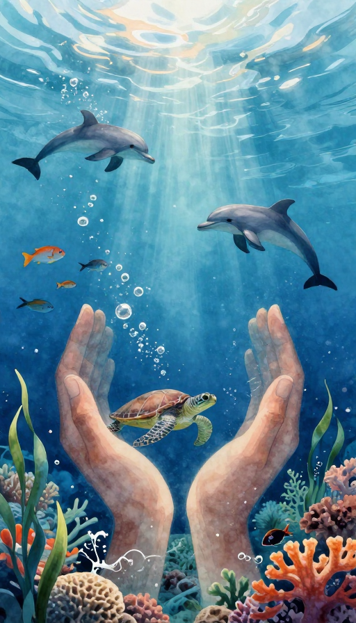 深海守护：海洋生态平衡与人类责任的写实插画