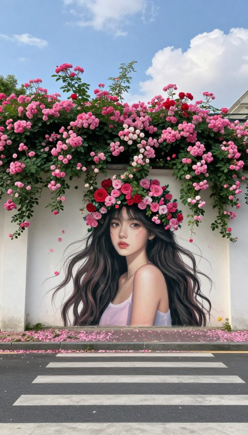 蔷薇花冠下的迷人街景：超清Instagram风格人像写真