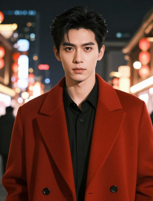 红袍都市夜影：自信东方绅士的璀璨夜景