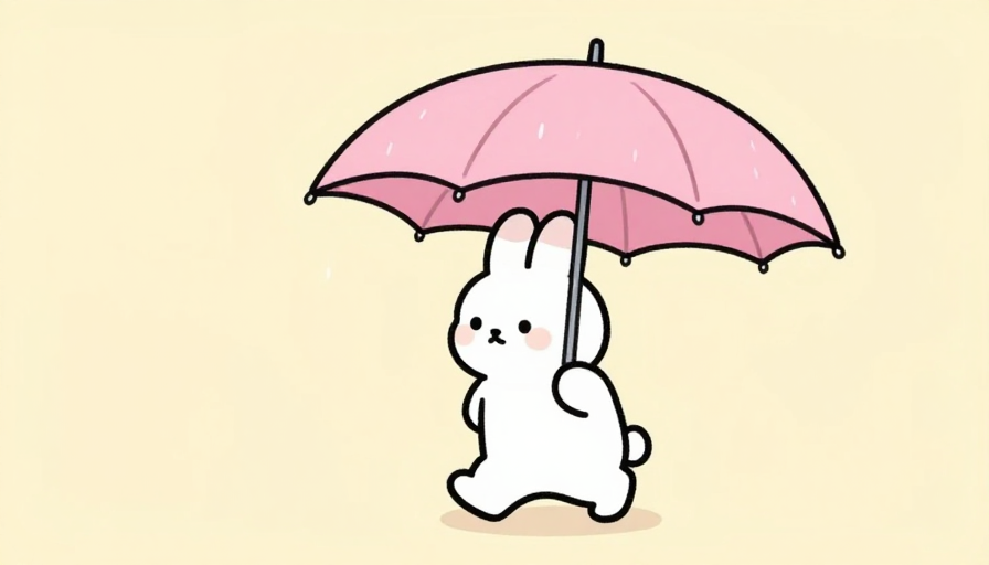 米黄背景下的日本动画风小白兔撑伞雨中漫步