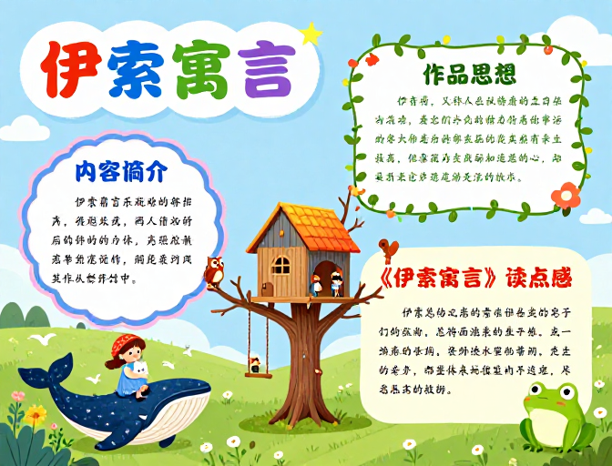 伊索寓言儿童教育插画:清新田园风手抄报设计