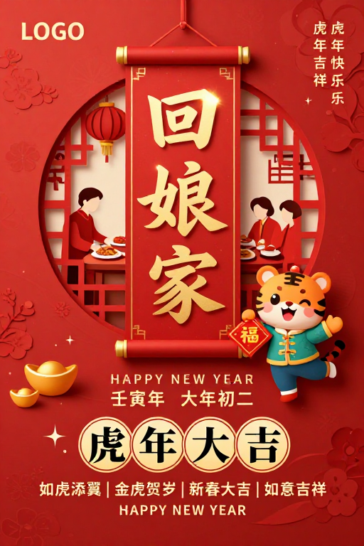 剪纸中国风新年海报:团圆与吉祥