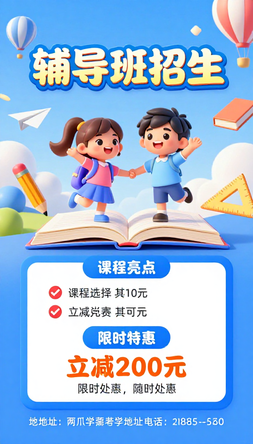 3D卡通辅导班招生海报，童趣活泼的学习元素