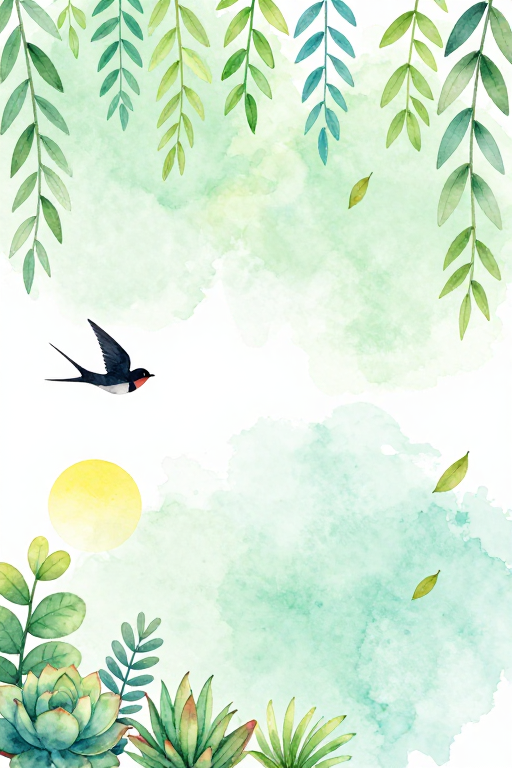 清新水彩燕子飞翔与春日生机背景插画