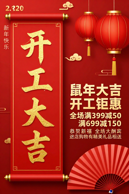 中国红金配色新年开工喜庆促销海报