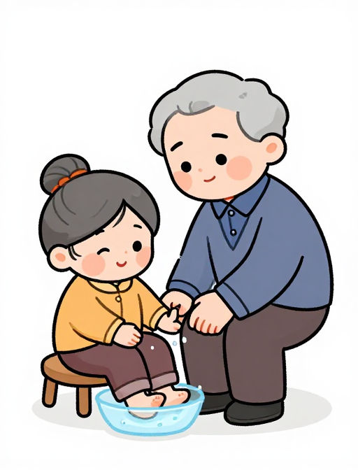 爷爷为奶奶洗脚 温馨卡通Q版画