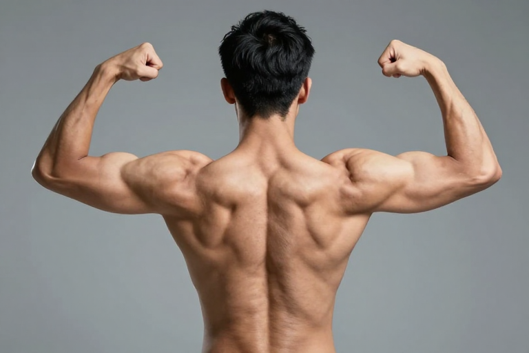 背部肌肉艺术：冷调光影下的健硕男性