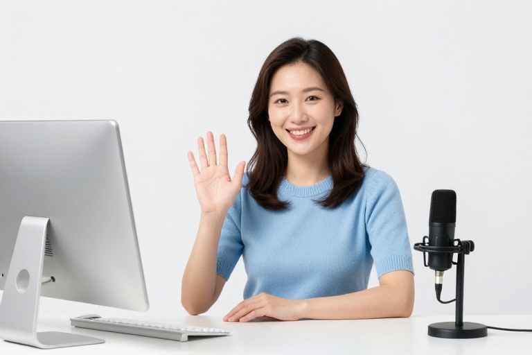 亚洲女性办公微笑挥手，专业形象展示