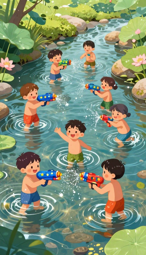 夏日欢歌：童趣水枪戏溪插画