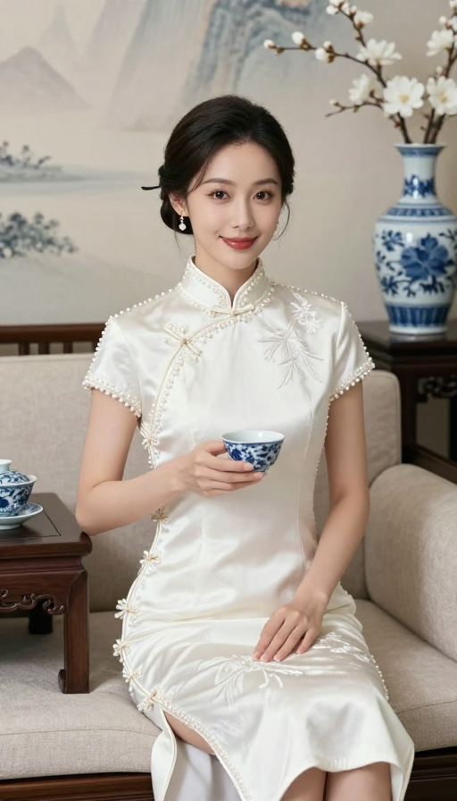 青花瓷韵中式美人:优雅国风肖像