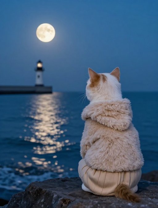 月光灯塔下的萌宠：夜晚海边静谧守望