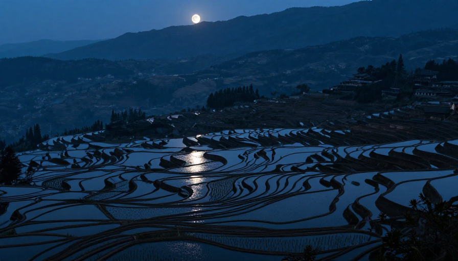 月影梯田：冷调光影下的静谧山水