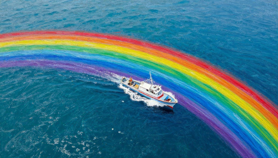 彩虹海上的蜡笔船影:油画与实景交融