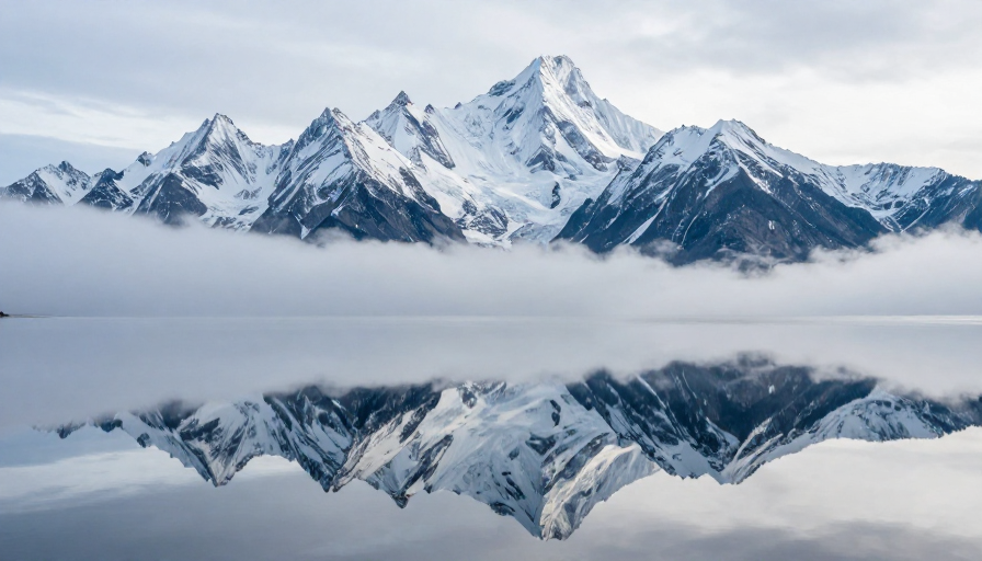 雪山云海倒影湖景：冷调摄影艺术