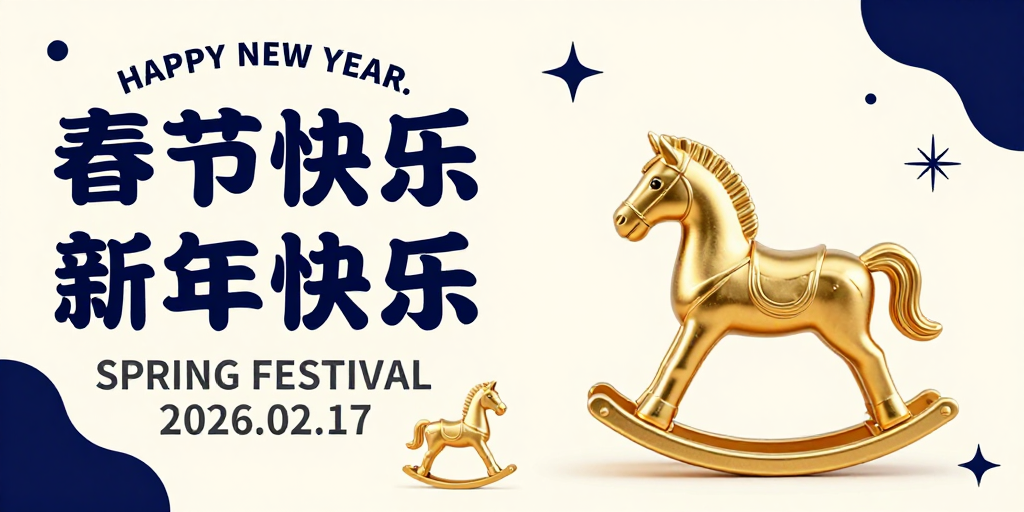 深蓝米白春节海报：立体金摇马的复古现代美学