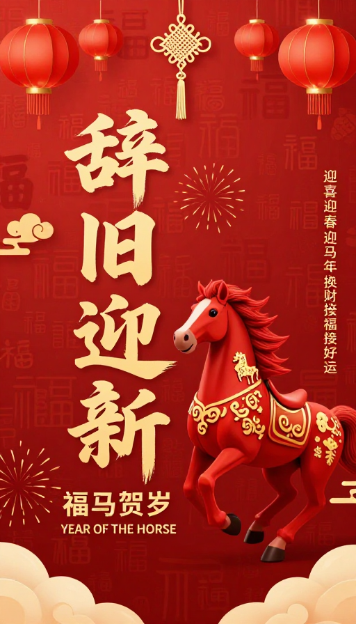 红金中国风马年海报，融合传统书法与动态骏马，现代节庆氛围
