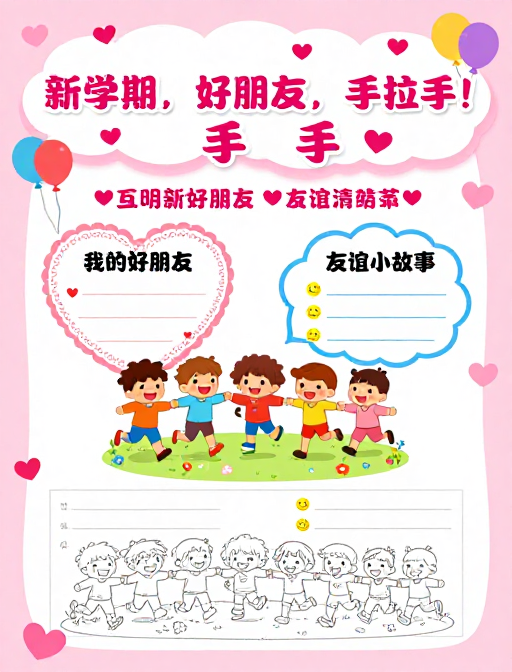 粉色调温馨校园手抄报，新学期友谊手拉手