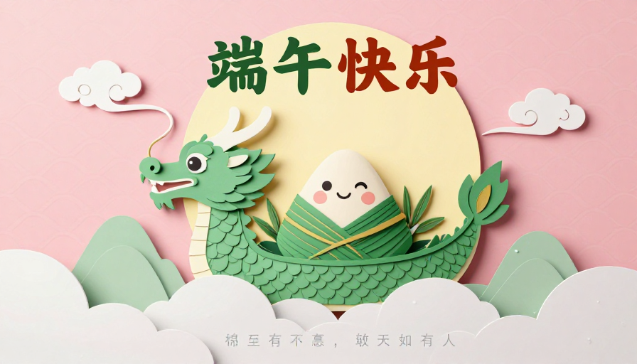 粉调龙粽神兽插画，营造温馨端午氛围