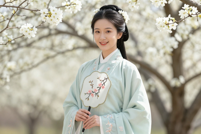 青衫汉女笑靥如花梨影映传统