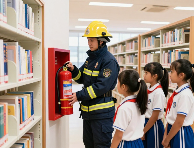 消防科普现场:消防员与小学生互动演练灭火器