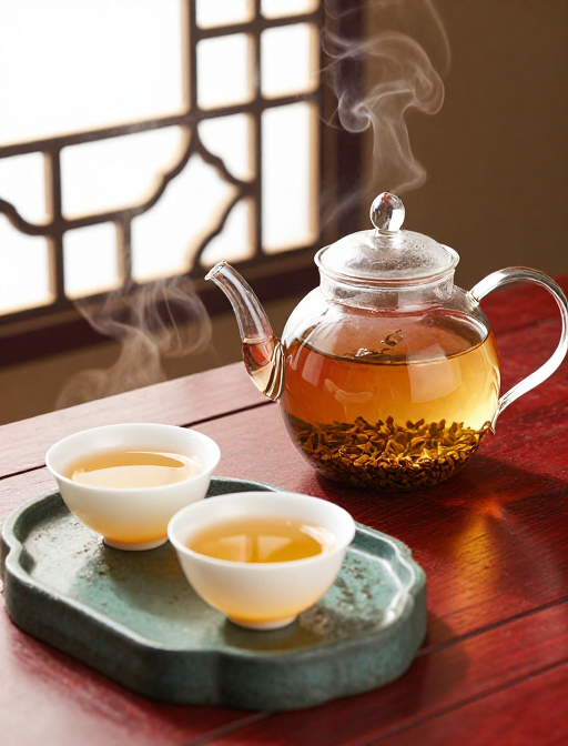 古韵茶香：红木桌上的剔空玻璃壶与琥珀茶汤