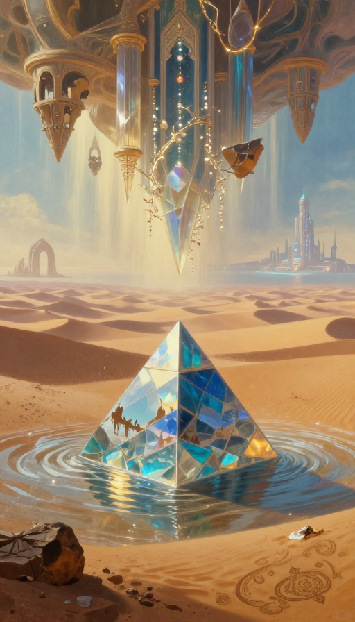 沙漠幻境:超现实琉璃宫殿与未来都市光影交织