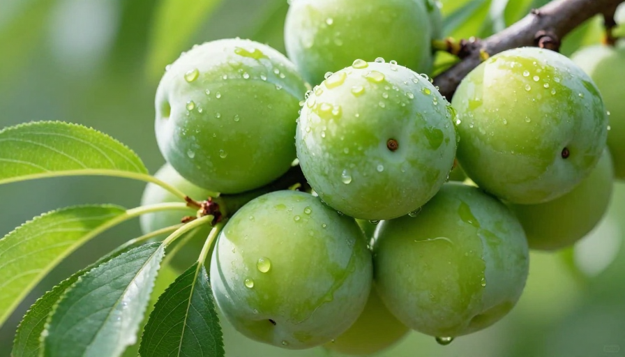 清新青绿未熟李子特写，水润饱满彰显自然生机