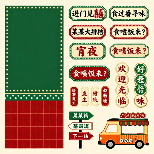 怀旧港风美食市集平面素材集：暖色调招牌设计