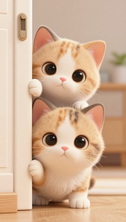 呆萌小猫扒门缝探头，治愈系卡通3D插画