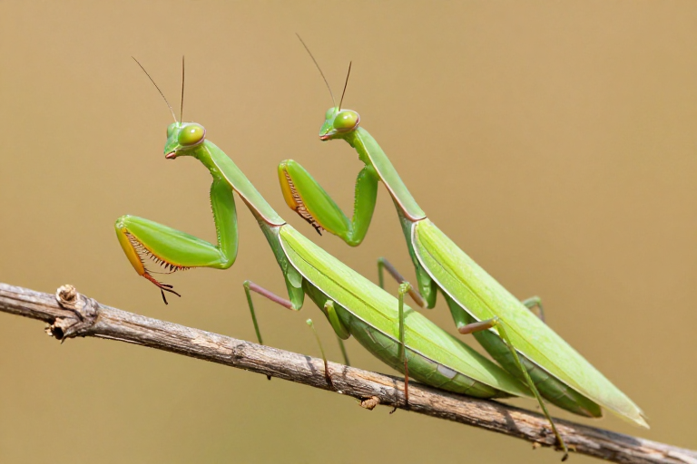 翠色螳螂交配瞬间：自然光影下的生态之美