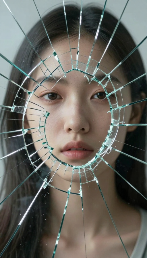 破碎凝视：玻璃裂痕下的面部冲击艺术