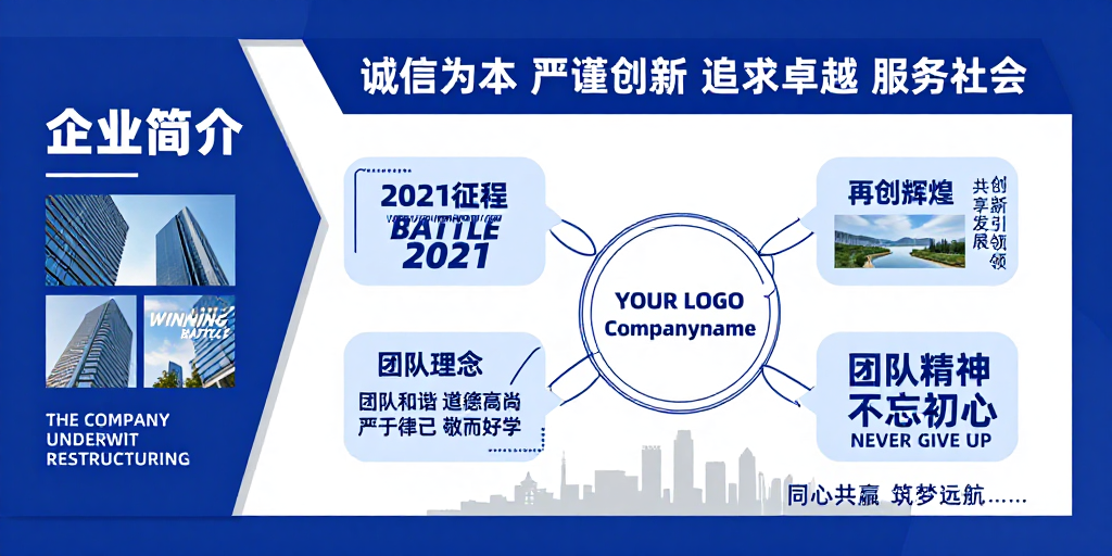 蓝色科技商务：企业重组与未来愿景宣传海报