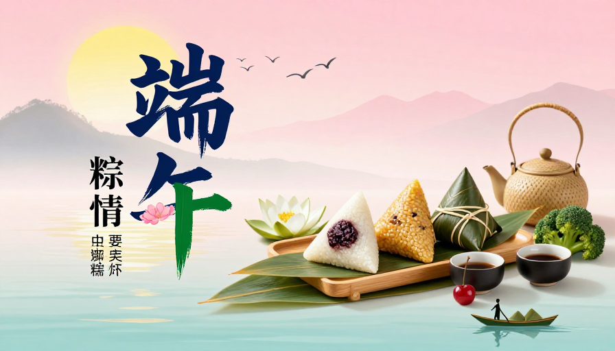 粉金渐变端午海报：粽叶茶盏映晨光