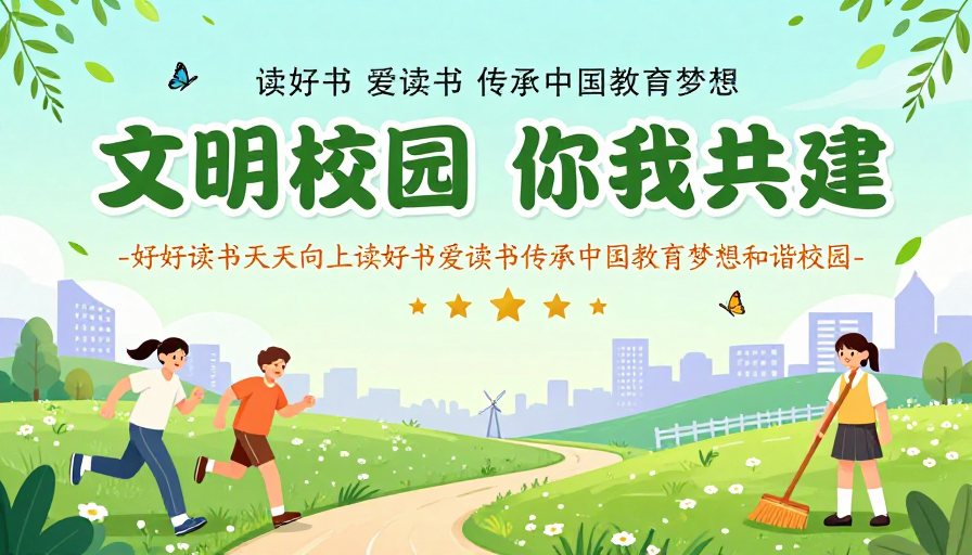 文明校园共建,清新活力公益插画海报