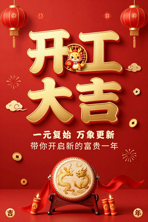 红金中国风新年开工喜庆海报设计