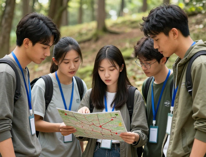 团队协作野外探险：五人在林间地图规划路线