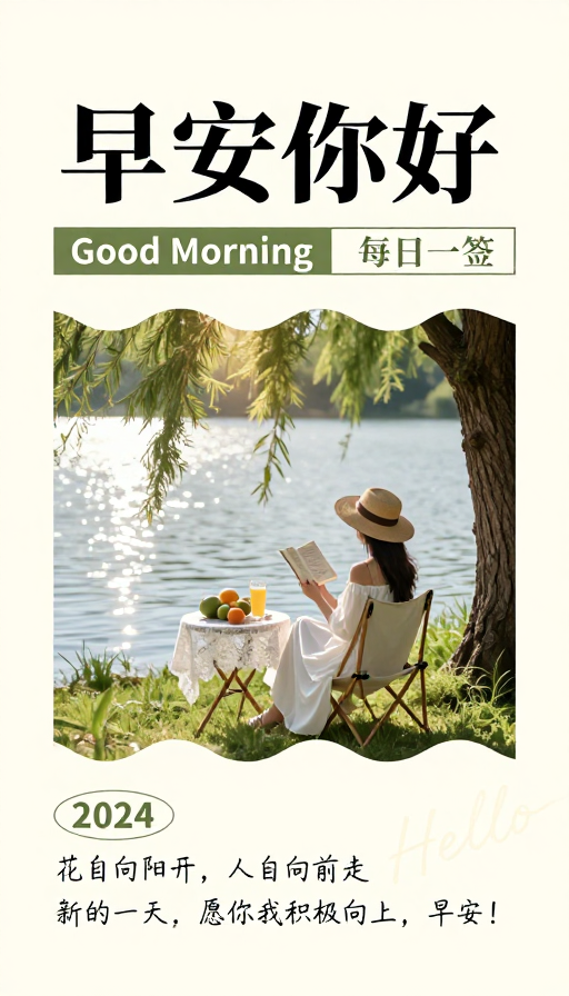 极简清新早安海报：静谧自然晨间问候