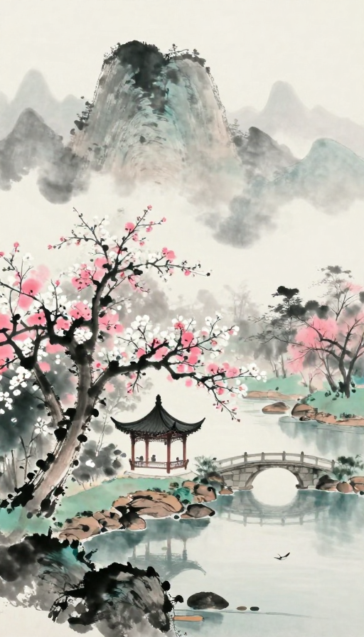 水墨云山间,繁花映碧流:诗意东方美学画卷